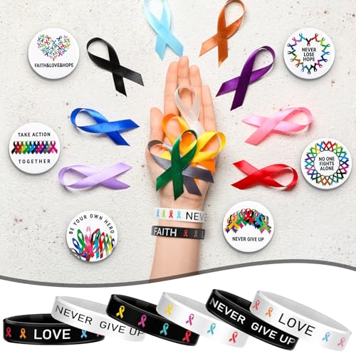 72 Pcs Cancer Awareness Accessories: 36 Ribbon Silicone Wristband Bracelets and 36 Button Badges Pins for All Cancer Support, Gift, Backpack Decoration4