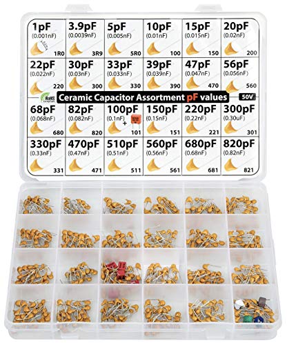 pF values - Box Capacitor Kit Assortment 485 pcs 24 values, all pF values, 1pF, 3.9pF, 5pF, 10pF, 15pF, 20pF, 22pF, 30pF, 33pF, 39pF, 47pF, 56pF 100pF, 150pF, 220pF, 330pF, 470pF 560pF 680pF 820pF etc