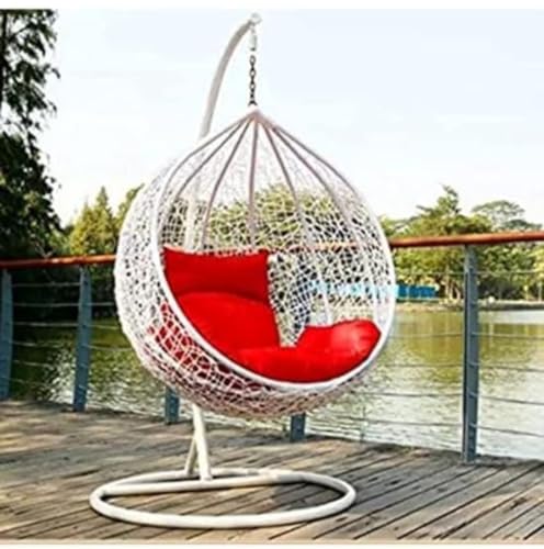 Image of Single Seater Swing Chair with Stand and Cushion Hammock Swing for Adult Outdoor Indoor Garden Living Room Balcony Hanging Chair (White Red)