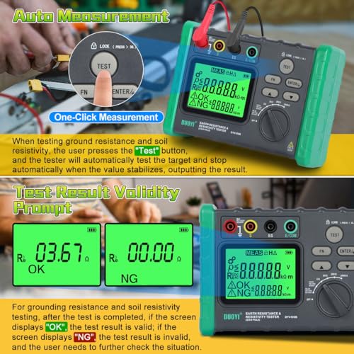 Image of Earth Resistance Tester 0.03-2000Ω Soil Resistivity Meter, Upgraded Digital Earth Ground Resistance Tester 2 /3 Wire Measurement AC /DC Voltage Meter with Batteries,Tool Bag