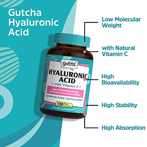 Gutcha Hyaluronic Acid, Ultra Strength With Vitamin C, Low Molecular Weight, High Stability & Bioavailability, Anti-Aging Formula For Joints, Skin & Eyes, Vegan, Once Daily, Non-Gmo, 120 Caps #TOP3