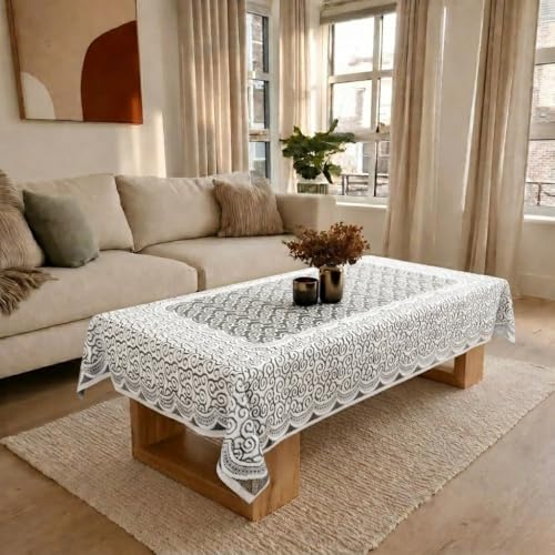 Image of Cotton Net Embroidered Center & Dining Table Cover for 4 Seater | Rectangular 40x60 Inch | Lightweight & Washable Table Cloth | Pack of 1 (White)