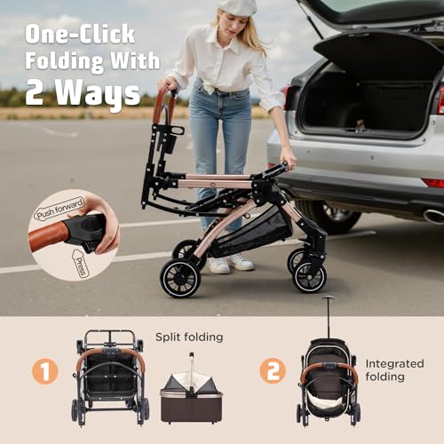 Gimars Upgrade 4 in 1 Katzenwagen & Hundewagen Bis 20kg Klappbar,360° Gummireifen Katzen Wagen Mit Hinterradbremse, Hundebuggy Mit Regenschutz Einziehbare Zugstange Für Kleine Hunde Katze Khaki
