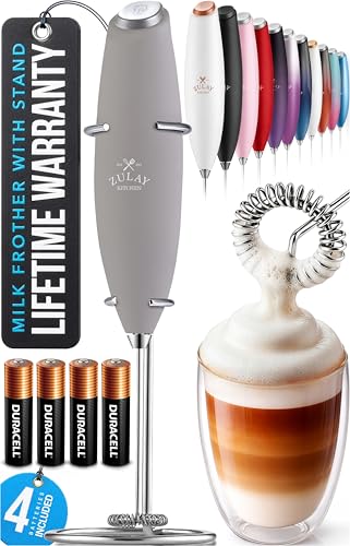 Image of Zulay Kitchen Powerful Milk Frother Wand With Duracell Batteries - Ultra Fast Handheld Drink Mixer - Electric Whisk Foam Maker for Coffee, Lattes, Cappuccino & Matcha - Z1 Motor - Light Gray