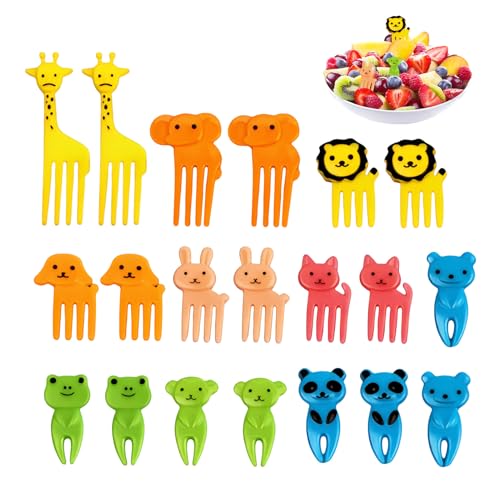 20 Stück Mini Gabeln, Cartoon Obstgabeln Kinder, Zahnstocher Zubehör Spieße Tiere Food Picks Plastik, für Brotdose Kinder, Lunch-Box Party Nachmittagstee Geburtstagsfeier