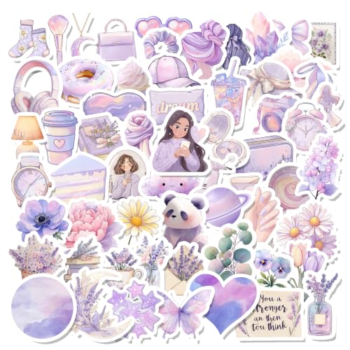Image of Pastel Lavender Aesthetic Vinyl Waterproof Stickers Pack of 60 for Laptop, Water Bottle, Journal, Phone Case, Scrapbook, Helmet & Luggage | Cute Kawaii Purple Floral Decorative Decal Pack