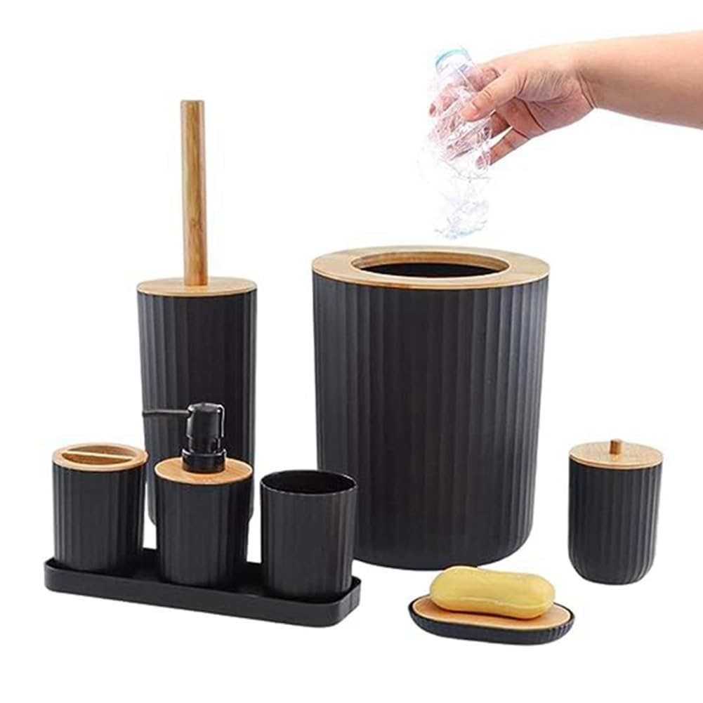Juego de Accesorios de Baño de 8 Piezas, Bambú y Madera, Resistente al Agua, Color Negro, Diseño Contemporáneo