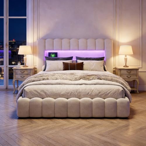 BRYXR Lit capitonné, 180 x 200 cm, avec espace de rangement hydraulique, fonction de charge USB et éclairage LED, cadre de lit double (lin beige, sans...
