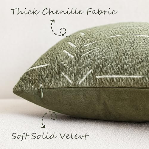 Image of Foindtower Set of 2 Decorative Chenille Jacquard Throw Pillow Covers Textured Farmhouse Vintage Cushion Cover Neutral Boho Accent Home Decor For Sofa Chair Couch Bed Living Room,18x18 Inch,Olive Green