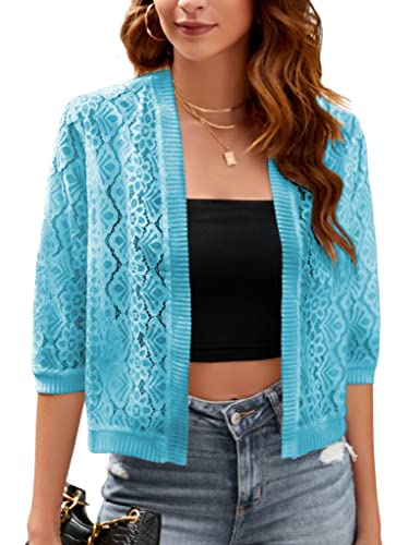 Image of FindThy Women's Casual Summer Lace Cardigan Open Front 3 /4 Sleeve Solid Lace Shrug Cover Up