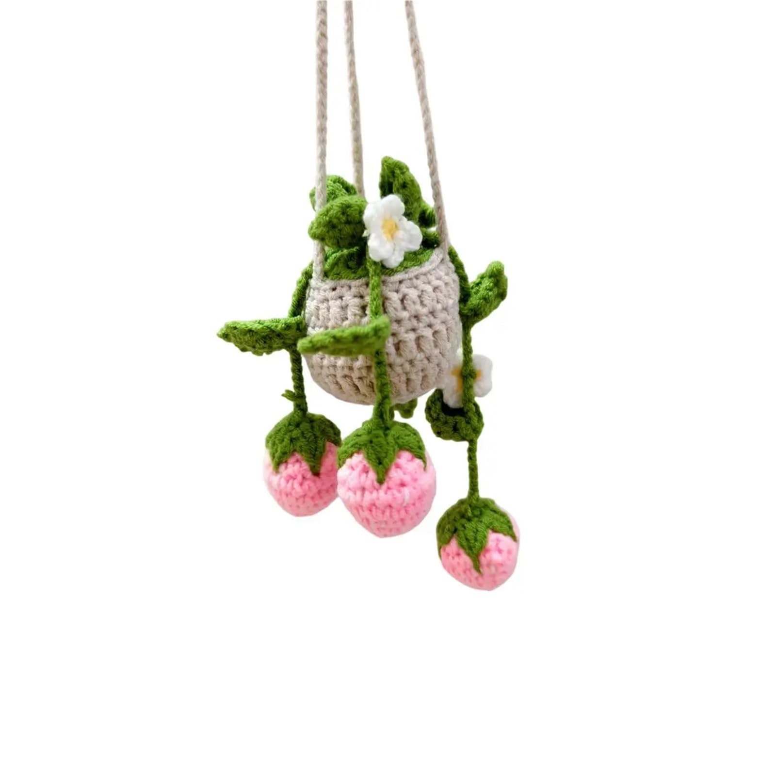 Cute Handmade Crochet Strawberry and Flower Plant Car Hanging Ornament(Color4)