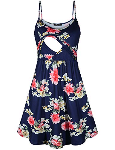 Quinee Spring Maternity Dresses,Women Printed Spaghetti Strap Breastfeeding Nursing Maxi Dress Sleeveless Empire Waist Casual Tunic Mid Length Soft Stretch Blue Floral L 10-12