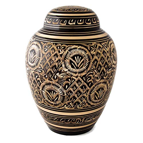 SIC Brass Funeral Urn with Lid for Human & Pet Ashes, Memorial & Peaceful Burial Cremation Urn for Condolence, Metal Keepsake Decorative, Large Size: 9.5 inches Tall x 7 inches Wide, Black & Golden