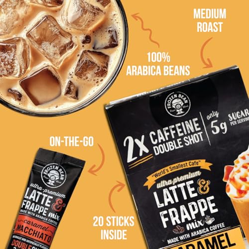 Image of The Frozen Bean Caramel Macchiato Frappe & Latte Instant Mix (10 Sticks), Made with Arabica Coffee, Double Shot Caffeine, Low Sugar & Premium Ingredients, Hot, Iced, or Blended Drinks