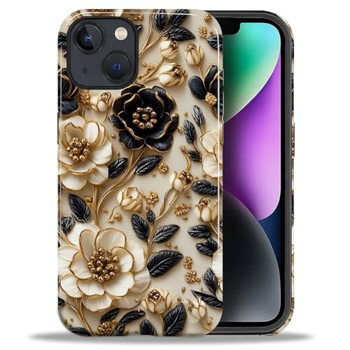 ZHEGAILIAN Case for iPhone 14 iPhone 13,Shockproof Hard Shell + Soft Silicone 2 in 1 Hybrid,Shockproof Bumper Drop Protective - Black and White Flower