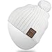 Rotibox Washable Winter Mens Womens Hat Bluetooth Beanie Pom Pom With Wireless Stereo Headphones Mic Hands Free Rechargeable Battery for Outdoor Sports Skiing Snowboard Skating,Chirstmas Gifts - White