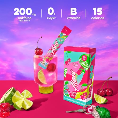 Image of Alani Nu CHERRY TWIST Energy Sticks, Energy Drink Powder, 200mg Caffeine, Pre Workout Performance with Antioxidants, On-The-Go Drink Mix, Biotin, B Vitamins, Zero Sugar, 5-10 Calories, 10 Pack