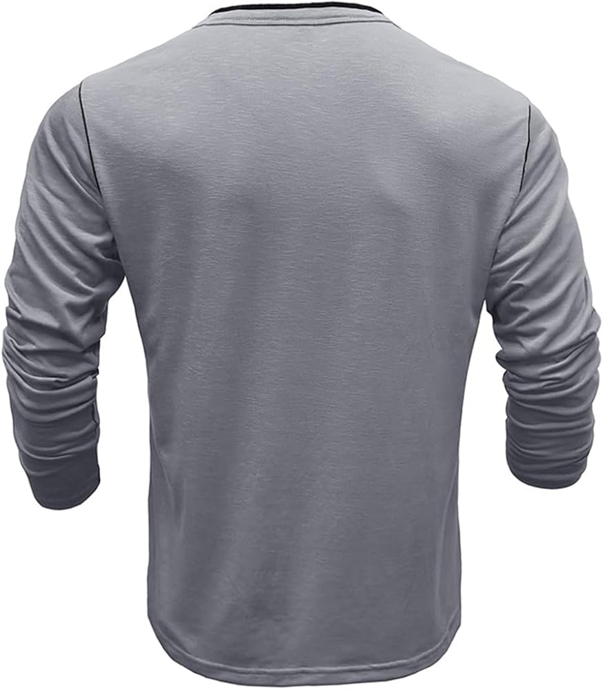 Mens Henry Collar Long Sleeve Shirt Versatile V-Neck Casual Solid