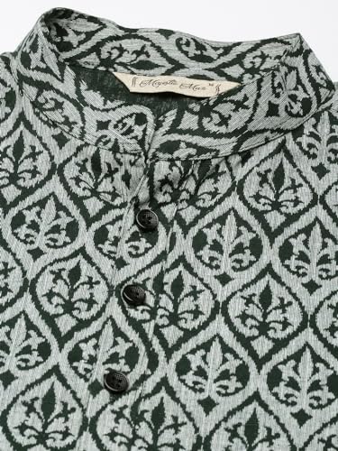 Image of Majestic Man Men's Cotton Regular Fit Casual Mandarin Collar Ethnic Motifs Printed Long Regular Kurta