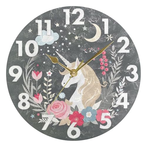 Horloge murale licorne ronde et silencieuse de 30 cm pour la decoration d'une chambre d'enfant