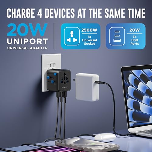 Image of URBN 20W GaN Universal Adapter | Charge 4 Devices Simultaneously | 2500W Universal Socket | Dual USB-C + USB-A | Smart Travel Multi Plug | Global Compatibility | 6-Layer Safety Protection