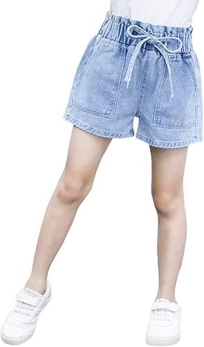 Miniatura 2 de Pantalones cortos de mezclilla elásticos de cintura alta con cordón para niña
