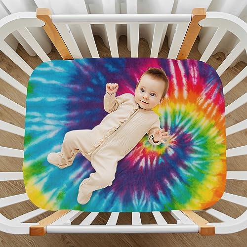 Image of Tie Dye Rainbow Crib Sheets Soft Breathable Fitted Baby Playard Sheets Mattress Cover for Girl Boys, 39 inch x 27 inch x 5 inch