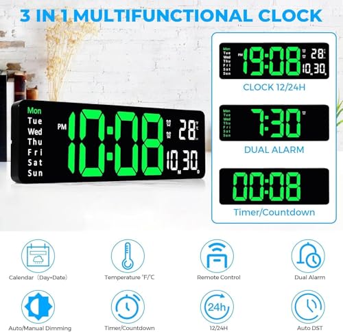 Image of 15-Inch Digital Wall Clock with Large LED Display - Remote Control, Auto-Dimming, Night Light, Date, Day, Temperature, DST Function - Ideal for Living Room, Bedroom (Green & White)