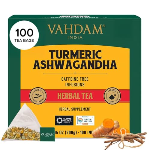 Image of VAHDAM, Turmeric Ashwagandha Herbal Tea Bags (100 Count) Caffeine Free, Non GMO, Gluten Free | 100% Pure Herbal Blend - Sweet & Earthy | Whole Leaf Tea Bags | Resealable Ziplock Pouch