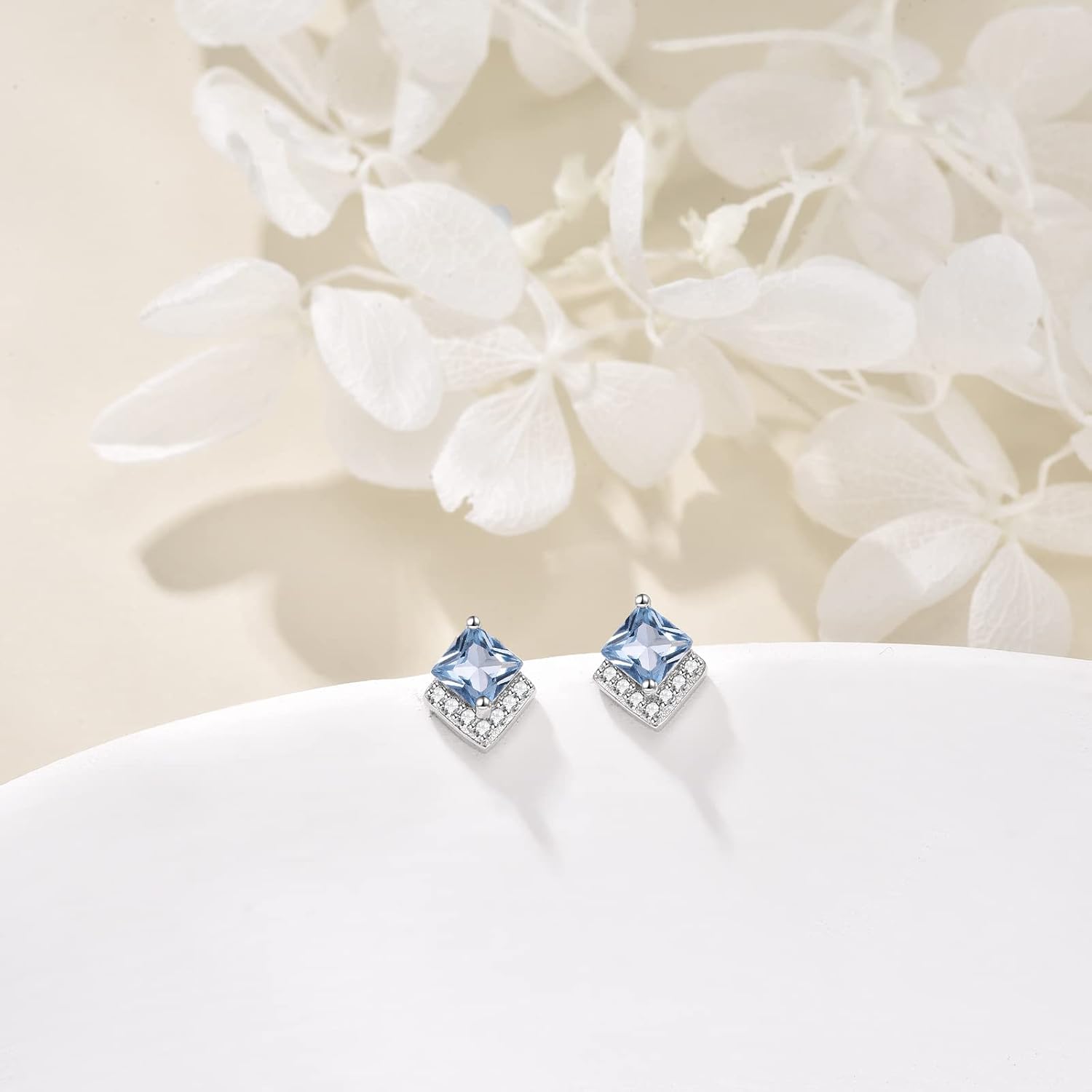 Birthstone Stud Earrings Sterling Silver Square Created Crystal Earrings Cubic Zirconia Hypoallergenic Piercing Jewelry Small Gifts for Women Mothers