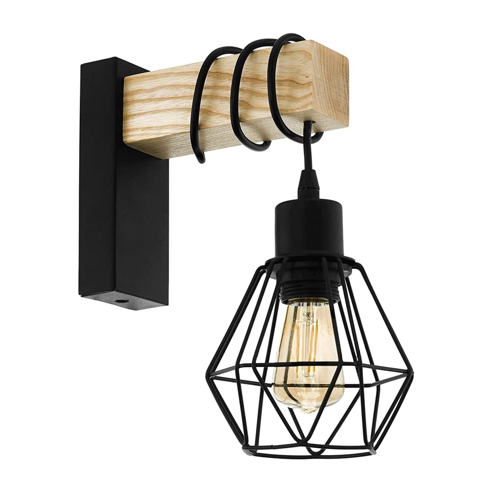 VDOQTLJT Indoor Single Head Wall Sconce Retro Industrial Light Wooden Body Lamp with Wire Cage Sconces Lamps Black E27 Socket Simple Farmhouse Lighting