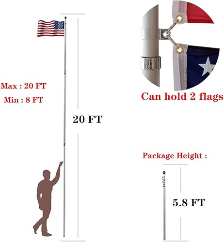 Miniatura 2 de YDisplay Mástiles de bandera para exteriores en el suelo de 20 pies, mástil telescópico de aluminio de calibre 16 con bandera estadounidense de 3 x