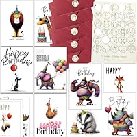 30 Bright Quirky Animals Birthday Cards with Envelopes and Wooden Seals