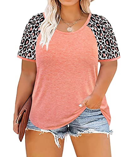 Plus Size Raglan Short Sleeve Animal Print T Shirt for Women Crewneck Casual Tee Tops Coral Pink Loose Fit Tee 26W