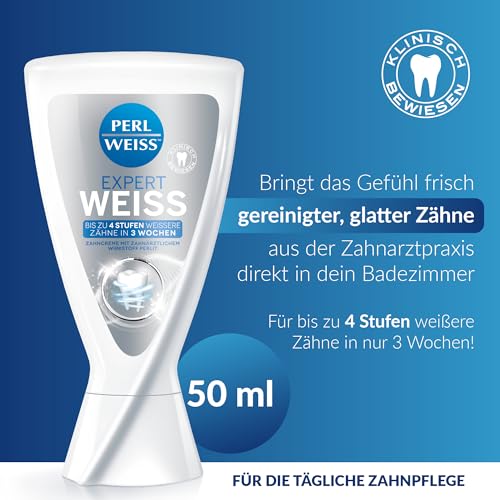 PERLWEISS Expert Weiss Zahncreme – Bis zu 4 Stufen weißere Zähne in 3 Wochen – Zahnpasta für weiße Zähne wie beim Zahnarzt – zahnschmelzschonende Zahnaufhellung & Glanzpflege mit Perlit