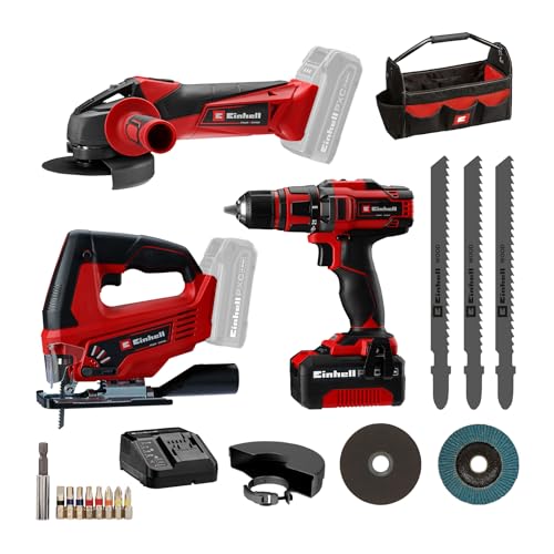 Einhell Bohrschrauber TE-CD 18/40 Li + Winkelschleifer TC-AG 18/115 Li + Stichsäge TC-JS 18 Li Power X-Change (18 V, inkl. 1 x 4,0 Ah Akku, Ladegerät, Etui)