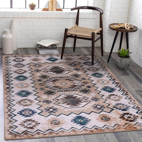 Image of Medallion Vintage Look Carpet for Living Room Bedroom Dining Room | Washable Area Rug with Non Slip TPR Backing | Modern Floor Carpet for Home(Design06-4x6 Feet)