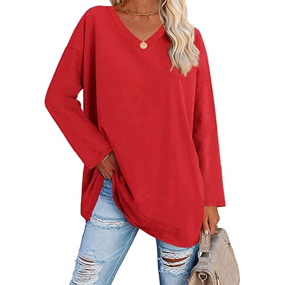 FamulilyWomen's Basic Long Sleeve Cotton T Shirts Solid Color Comfy V Neck Loose Tunic Tee Shirts Tops