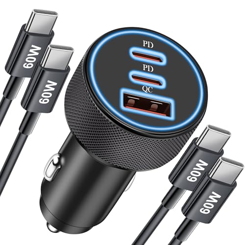 67 W 3-portars USB C billaddare för iPhone 17 16 15 Pro Max, Samsung S25 S24 S23, Pixel, Huawei Android-telefon, 2-pack USBC-kabel + dubbel USB-C/A snabbladdande biladapter cigarettändare 12 V uttag