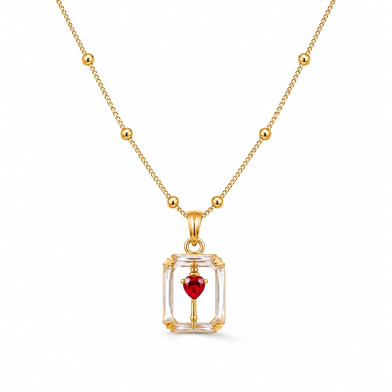 Gold Plated Pendant Necklace for Women & Girls, Clear Rectangle-Cut CZ Pendant with Red Heart Stone, Lightweight Beaded Chain Jewellery for Office, Party & Gifting-image-44