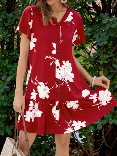 Image of Imysty Womens Polka Dot V Neck Button Down Ruffles Loose Mini Short T-Shirt Dress