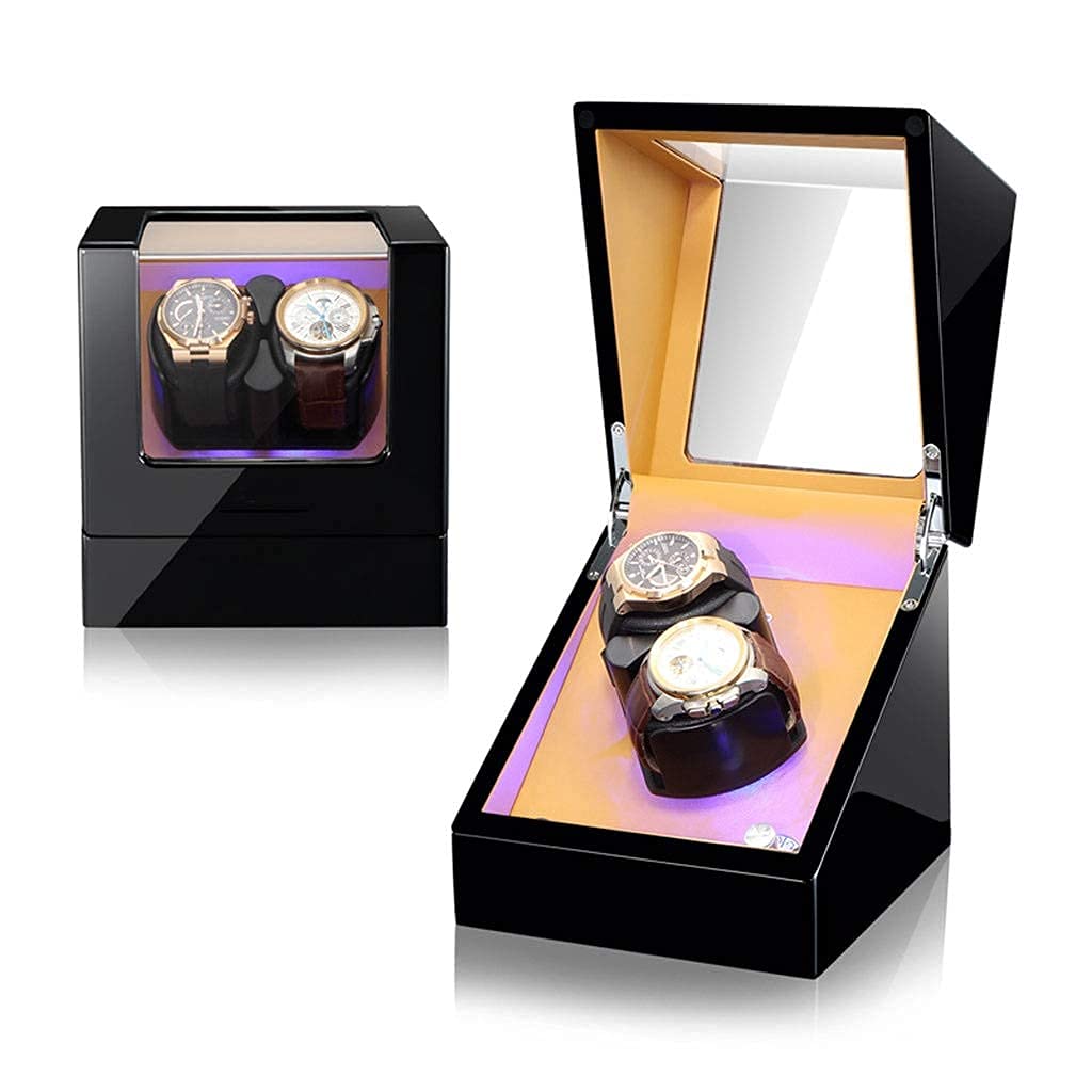 OLSKFUH Double Automatic Watch Winder For 2 Watches Display Box 5 Roating Modes With Led Silent Motor Contains Watch Pillow,Brown