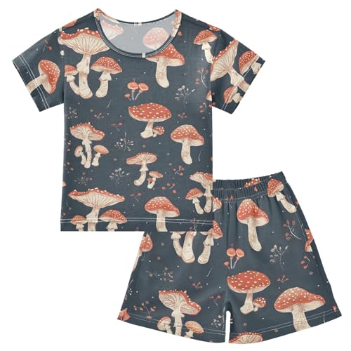 ALAZA Red Mushroom on Navy Blue Pajamas Short Sleeve 2 Piece Sleepwear Top and Bottom Pajama Set Unisex