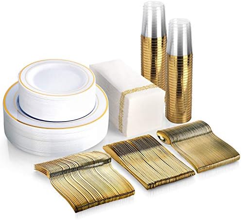 350 Piece MCIRCO Gold Dinnerware Set - 100 Gold Rim Plastic Plates - 50 Gold Plastic Silverware - 50 Gold Plastic Cups - 50 Linen Like Gold Paper Napkins, 50 Guest Disposable Gold Dinnerware Set