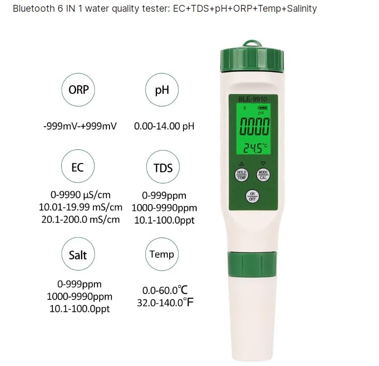 BLE-9910 6 in 1 pH/tds(ppm) /Temp/EC/orp/Salinity Meter ORP Tester