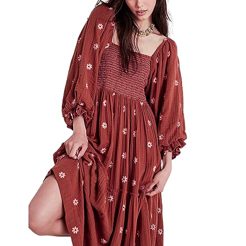 Chloefairy Women's Flower Embroidered Maxi Dress Lantern Sleeve Square Neck Tiered Flowy Spring Fall Dress3