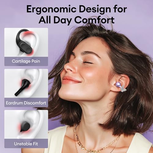 Image of PAXA Stylish Open Ear Clip On Earbuds with Removable Butterfly Earring, Clip On Headphones with LCD Touch Screen, Fashionables Open Ear Headphones for Women, Butterfly Earring Purple Earbuds
