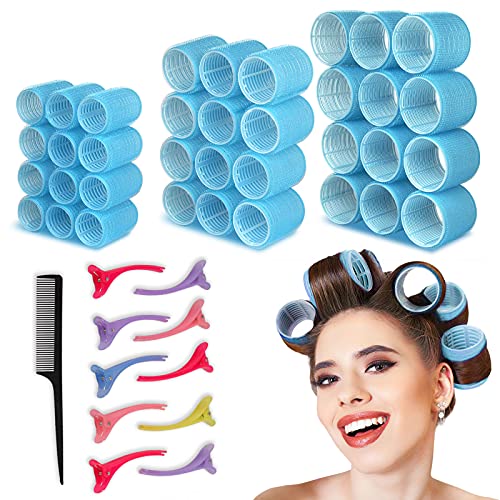 Hair Rollers for Long Hair, 47Pcs Jumbo Large Velcro Rollers Hair Curlers for Long Medium Short Hair Self Grip No Heat 3 Sizes with Clips Comb(Blue)