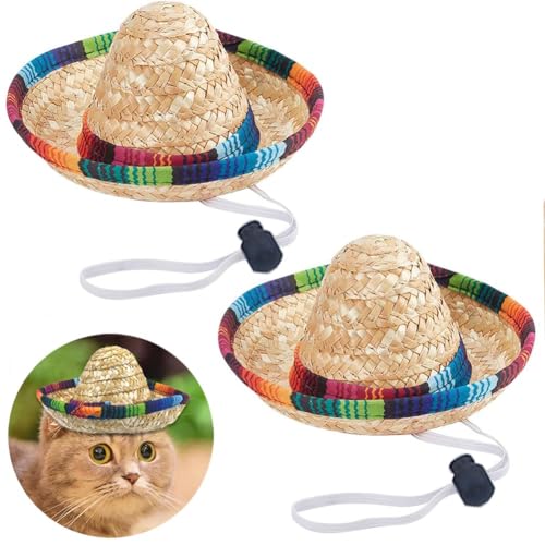 Kalsey Lot de 2 chapeaux de paille pour animaux de compagnie, chapeau de paille mexicain pour chats et chiens, mini sombrero pour fêtes et séances photo, multicolore, petit/moyen, été, tricotés à la