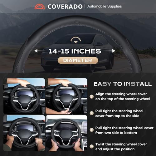 Image of Coverado Car Steering Wheel Cover, Nappa Leather Black Steering Wheel Covers for Women, Universal 14-15 inch, Anti-Slip, Breathable Steering Wheel Protector